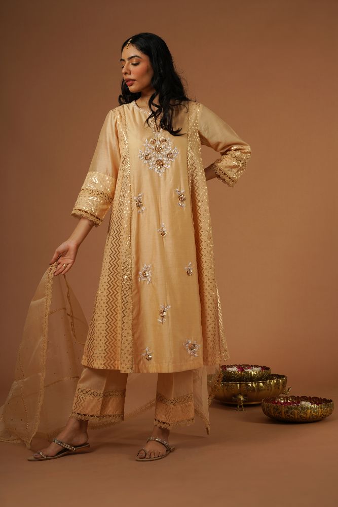 Peach Mukaish Embroidered Brocade Kalidaar Kurta Set