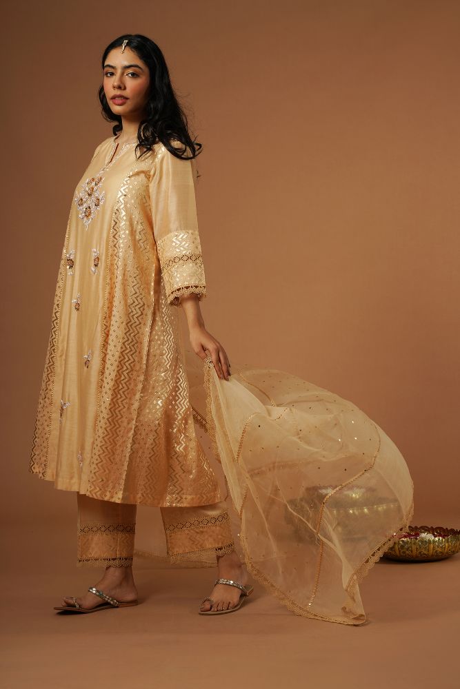 Peach Mukaish Embroidered Brocade Kalidaar Kurta Set