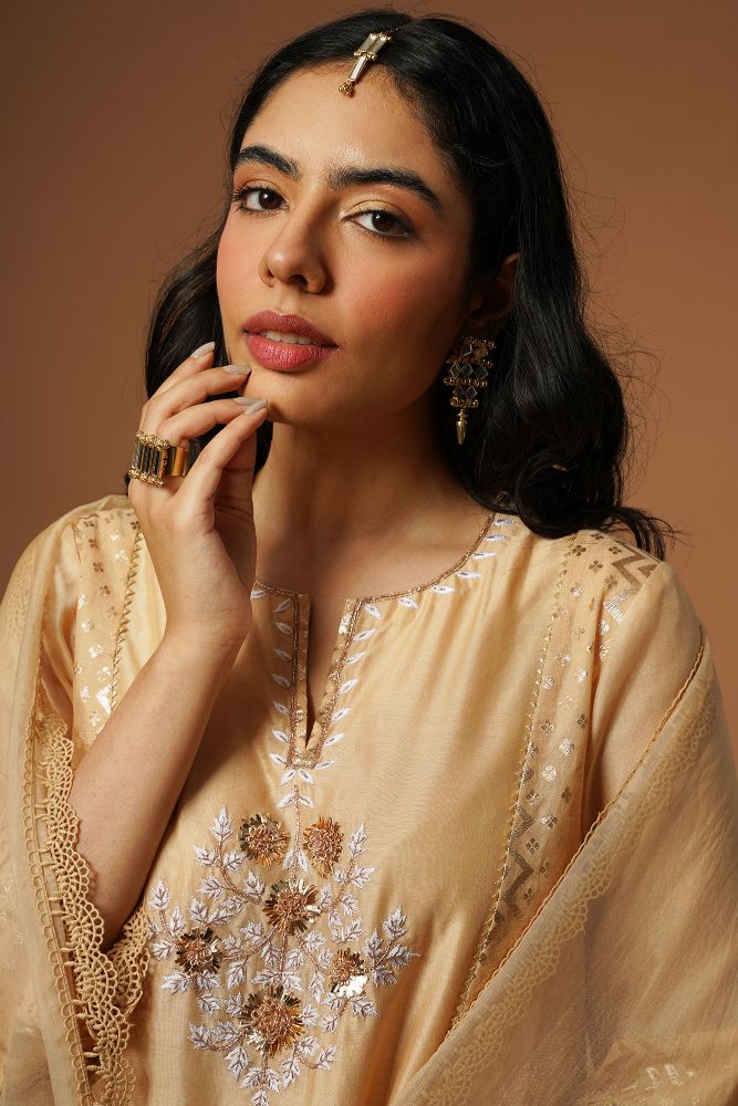 Peach Mukaish Embroidered Brocade Kalidaar Kurta Set