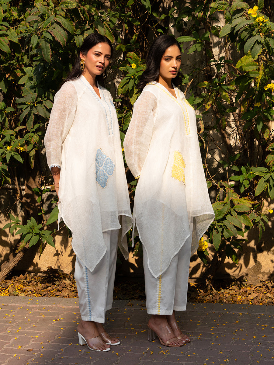 White and Yellow Linen Asymmetric tunic set