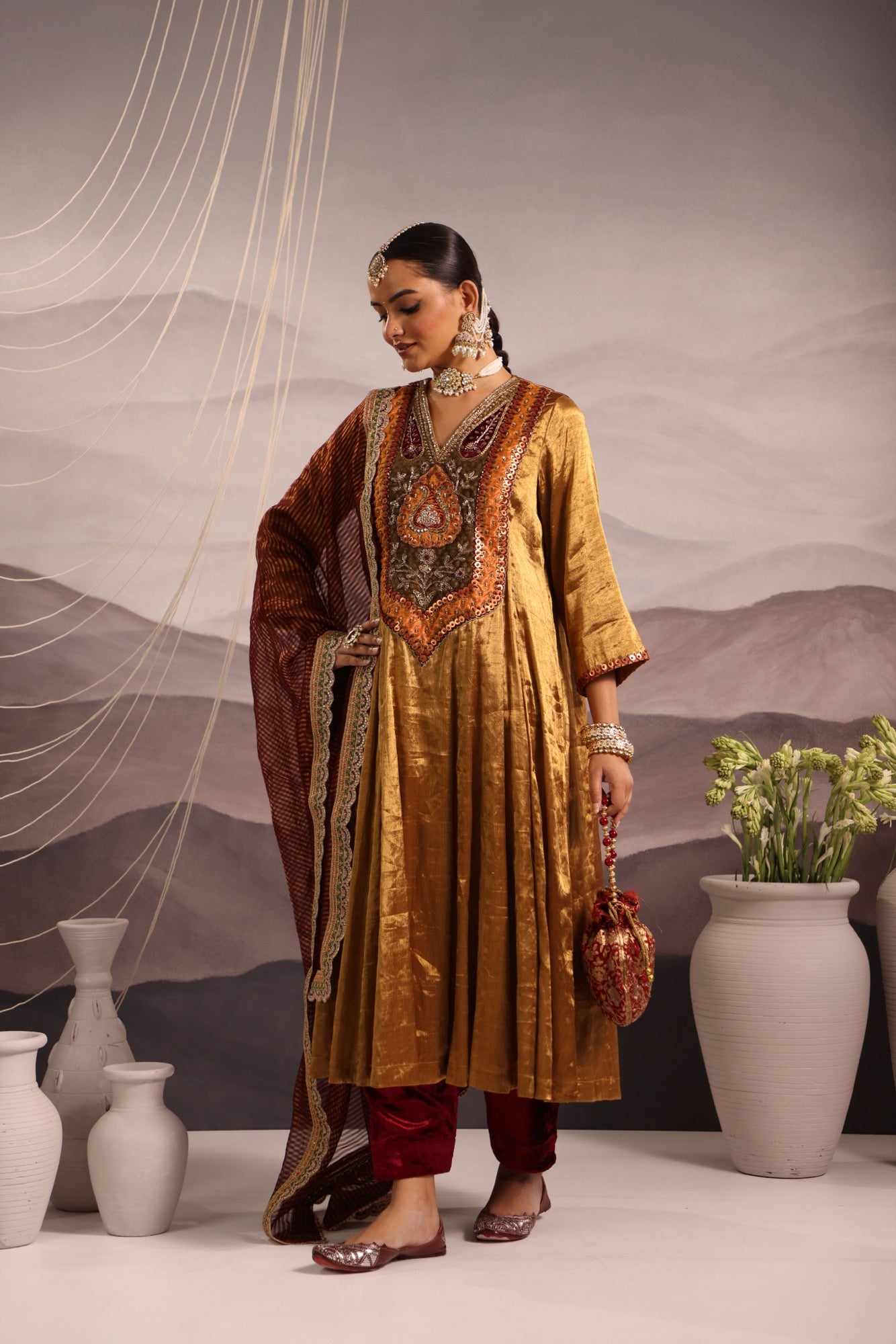 Gold Tissue Kalidar with Antique Look Yoke & Maroon Velvet Salwar