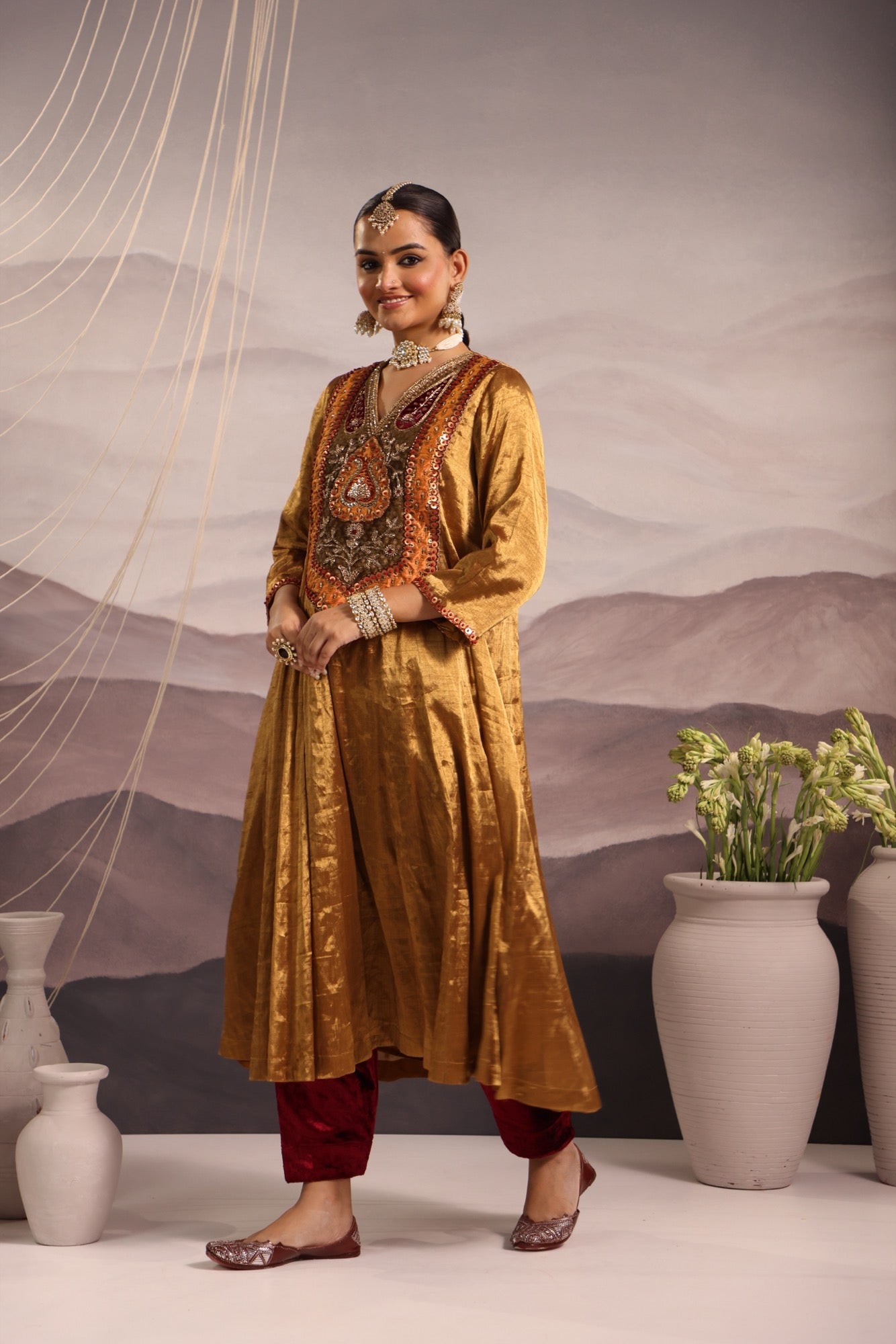 Gold Tissue Kalidar with Antique Look Yoke & Maroon Velvet Salwar