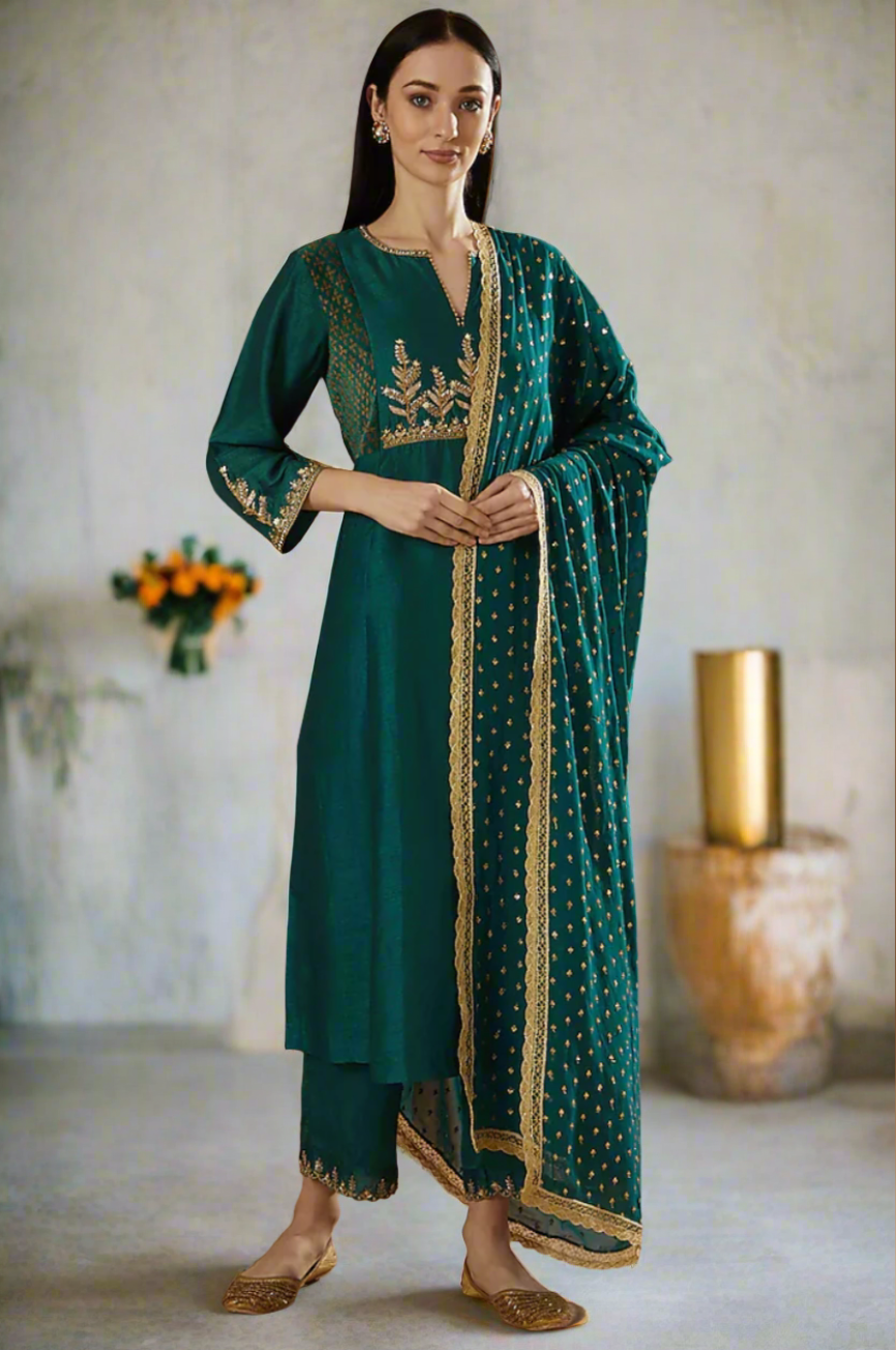 Teal Embroidered Kurta With Block Printed Velvet Side Yokes