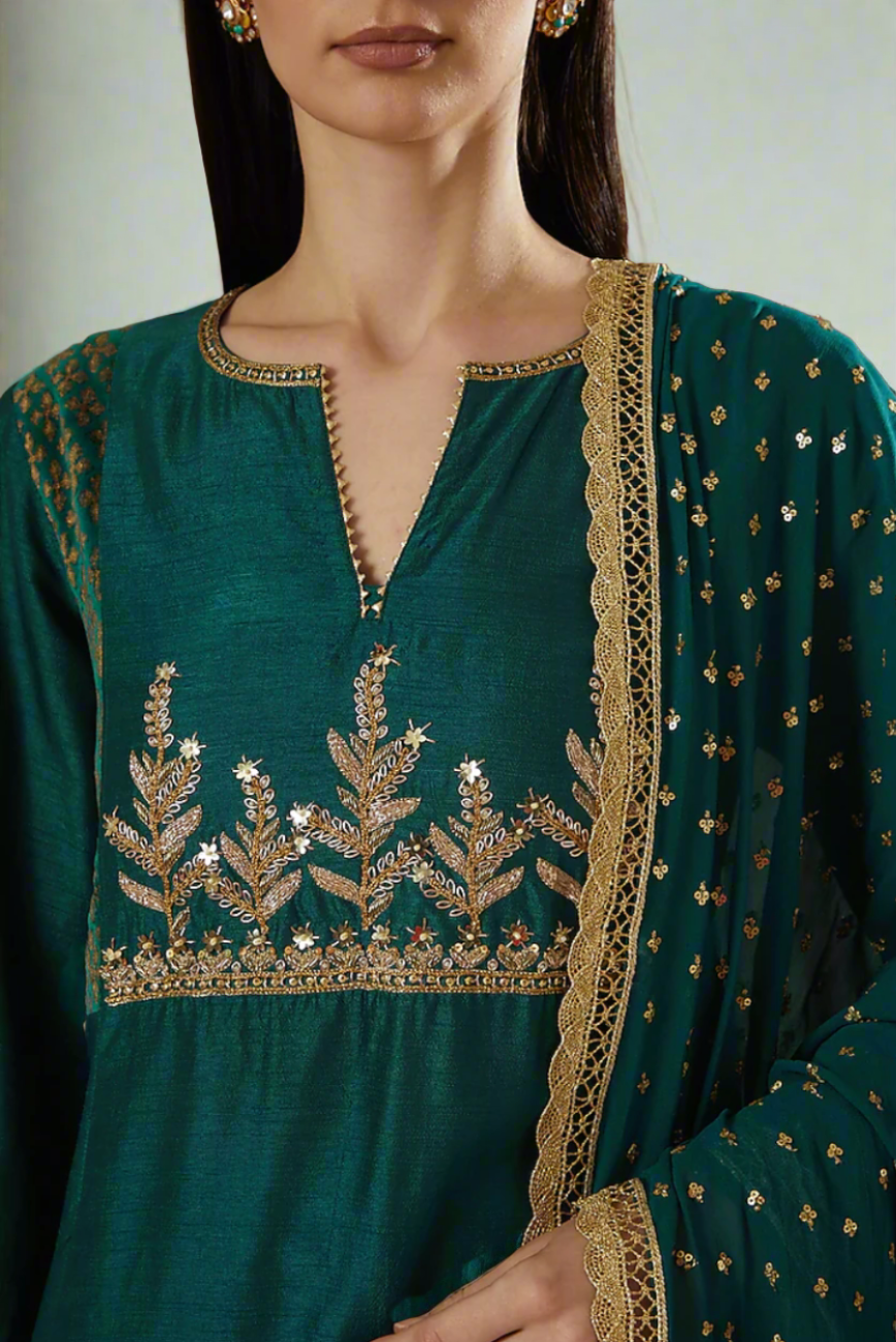 Teal Embroidered Kurta With Block Printed Velvet Side Yokes