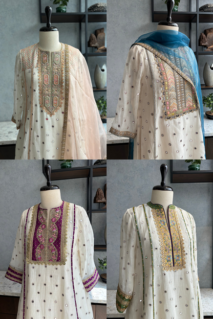 Off White Mirror Embroidered Kurta Set With Purple Brocade Yoke