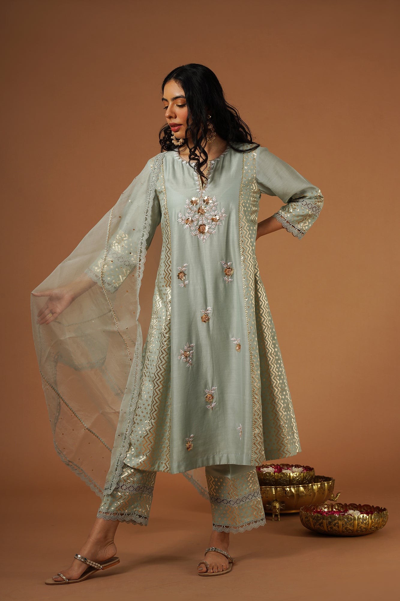 Powder Blue Mukaish Embroidered Brocade Kalidaar Kurta Set