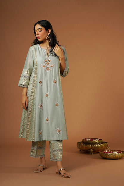 Powder Blue Mukaish Embroidered Brocade Kalidaar Kurta Set