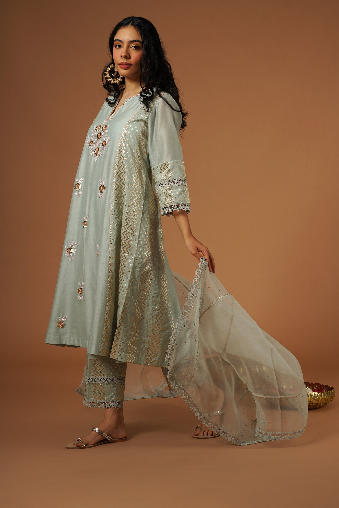 Powder Blue Mukaish Embroidered Brocade Kalidaar Kurta Set