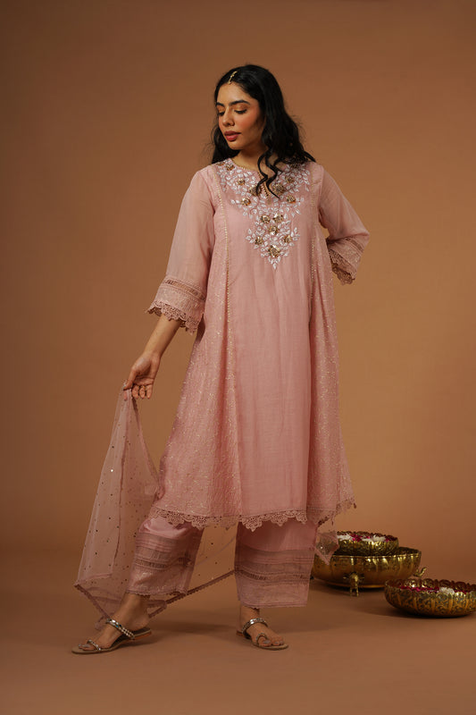 Blush Pink Mukaish Embroidered Brocade Kalidaar Kurta Set