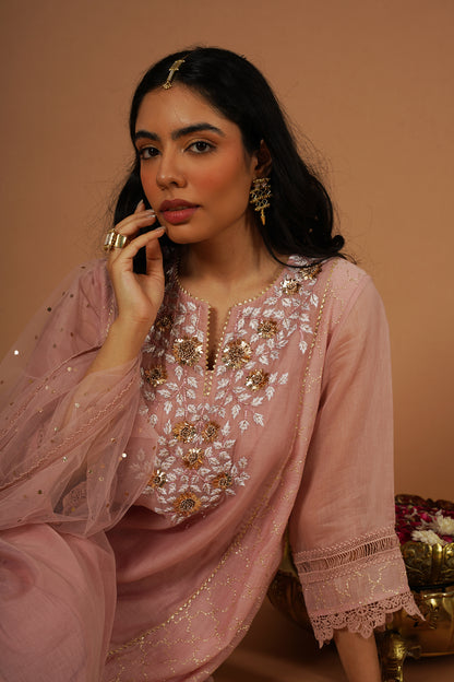 Blush Pink Mukaish Embroidered Brocade Kalidaar Kurta Set