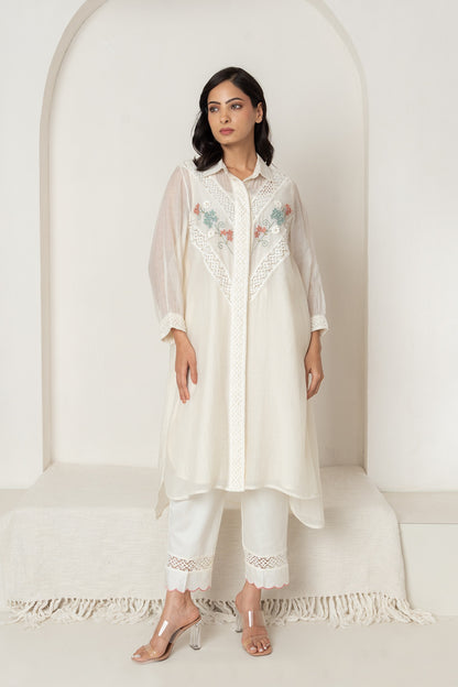 Off-White Chanderi Collared Kurta Set