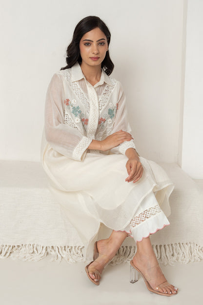 Off-White Chanderi Collared Kurta Set