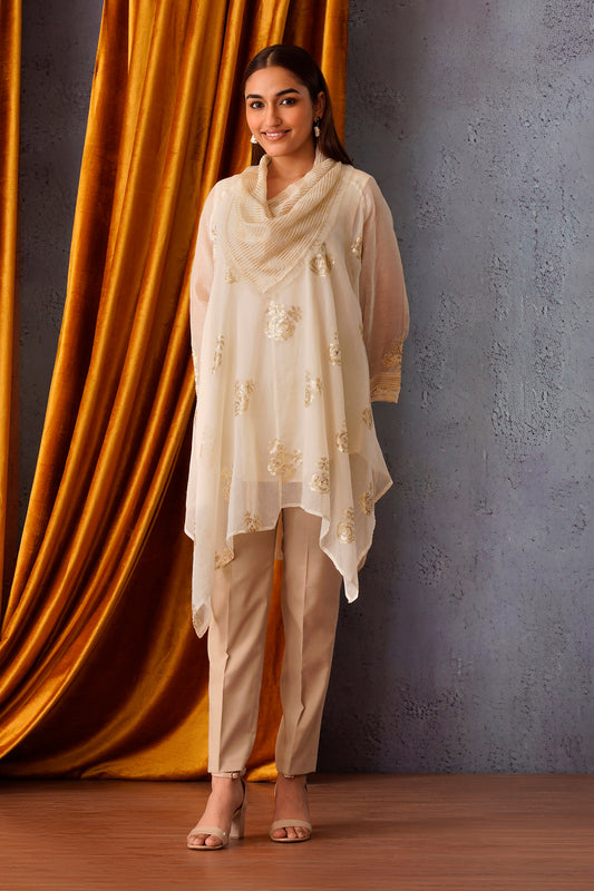 Off White sequin embroidered asymmetric tunic with cowl neck