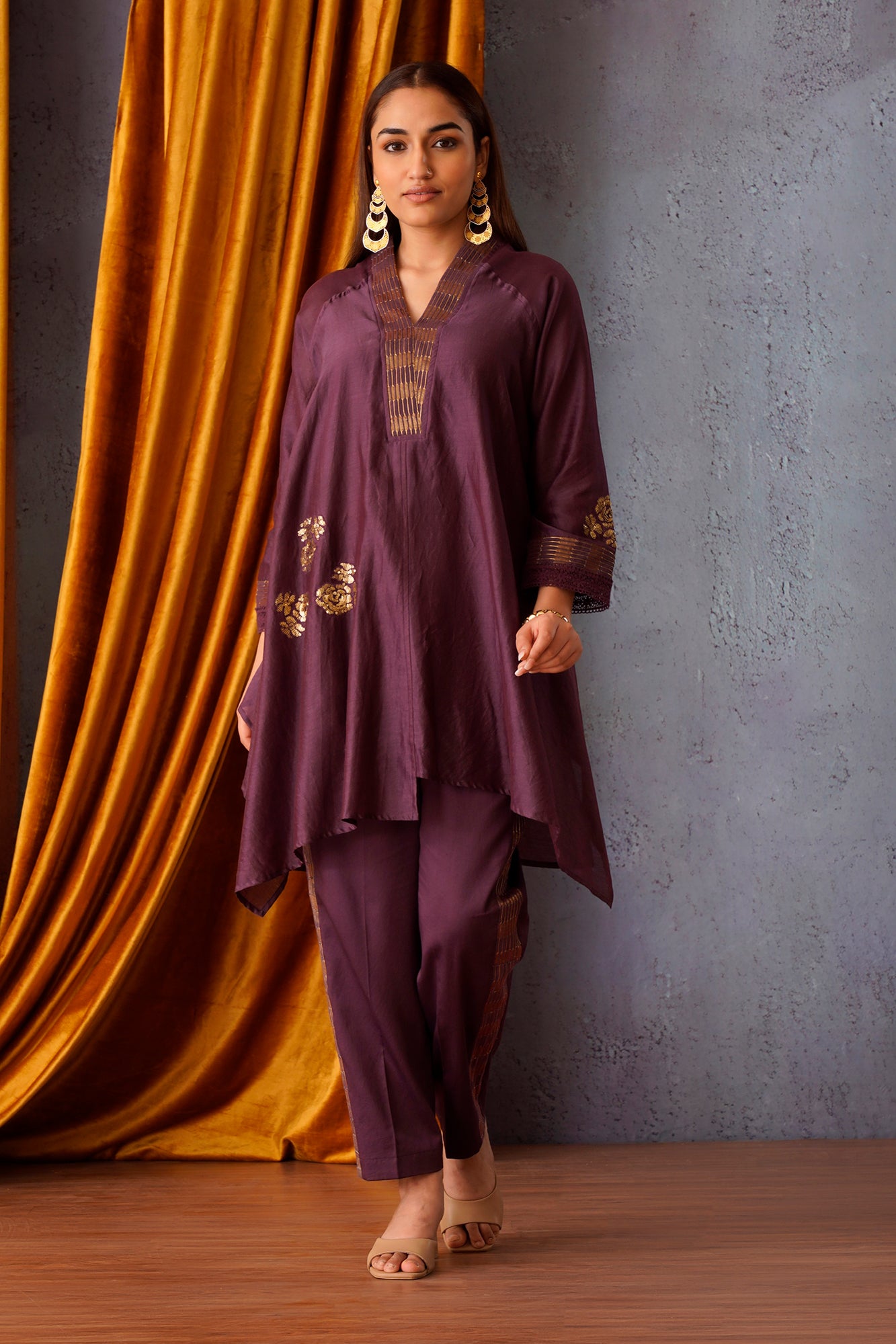 Sequin flower patch embroidered asymmetric tunic with V neck in Wine and side stripe pants