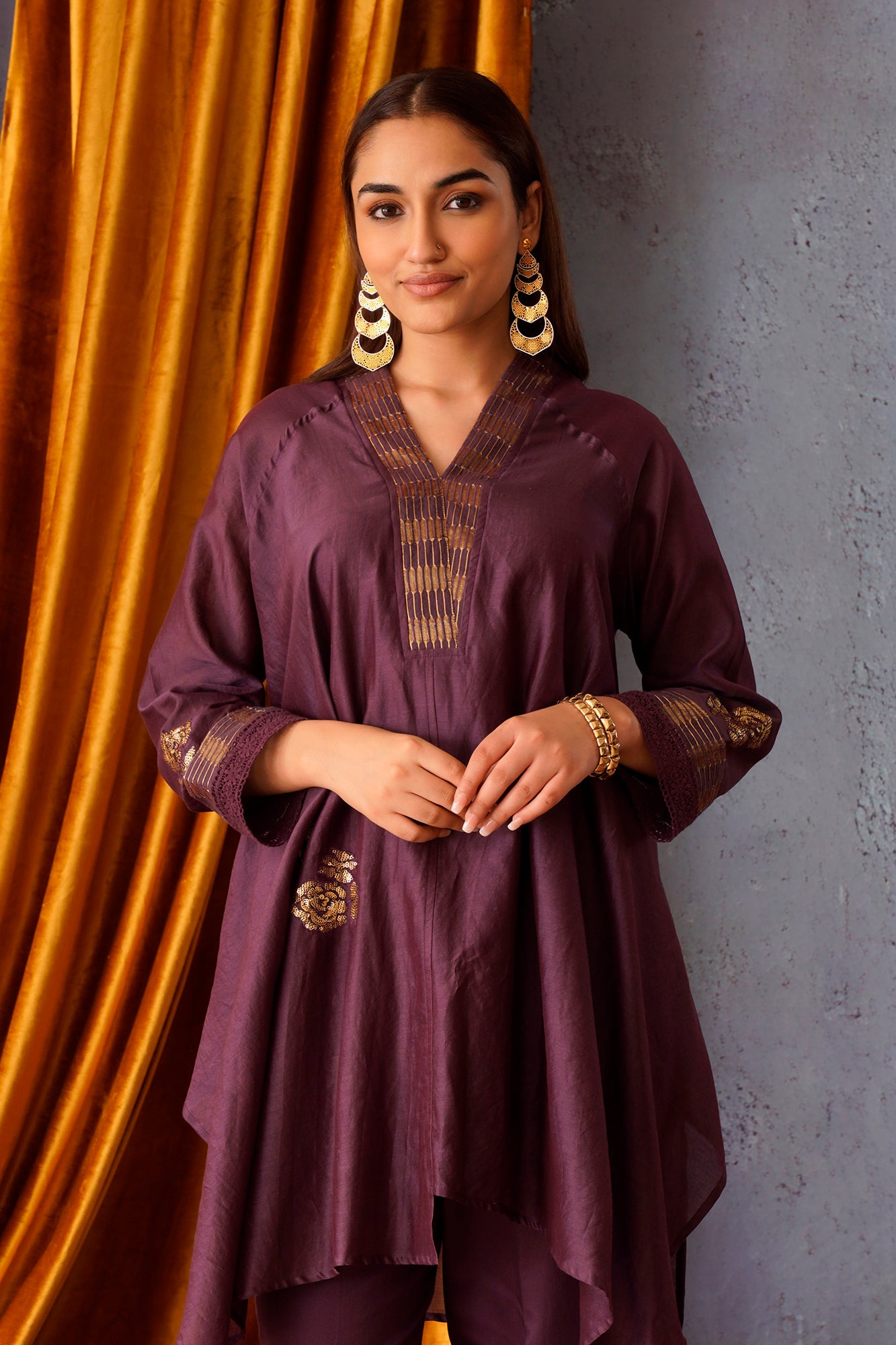 Sequin flower patch embroidered asymmetric tunic with V neck in Wine and side stripe pants