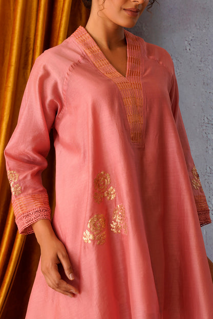 Sequin flower patch embroidered asymmetric tunic with V neck in Pink and side stripe pants