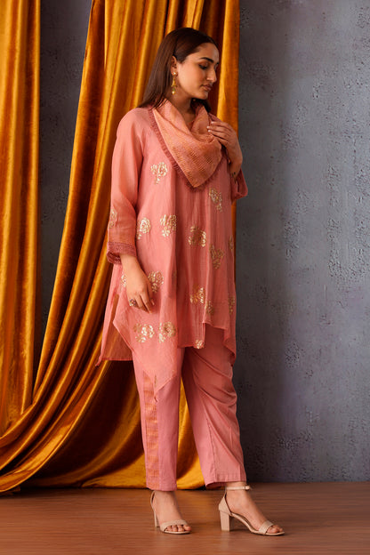 Pink sequin embroidered asymmetric tunic with cowl neck