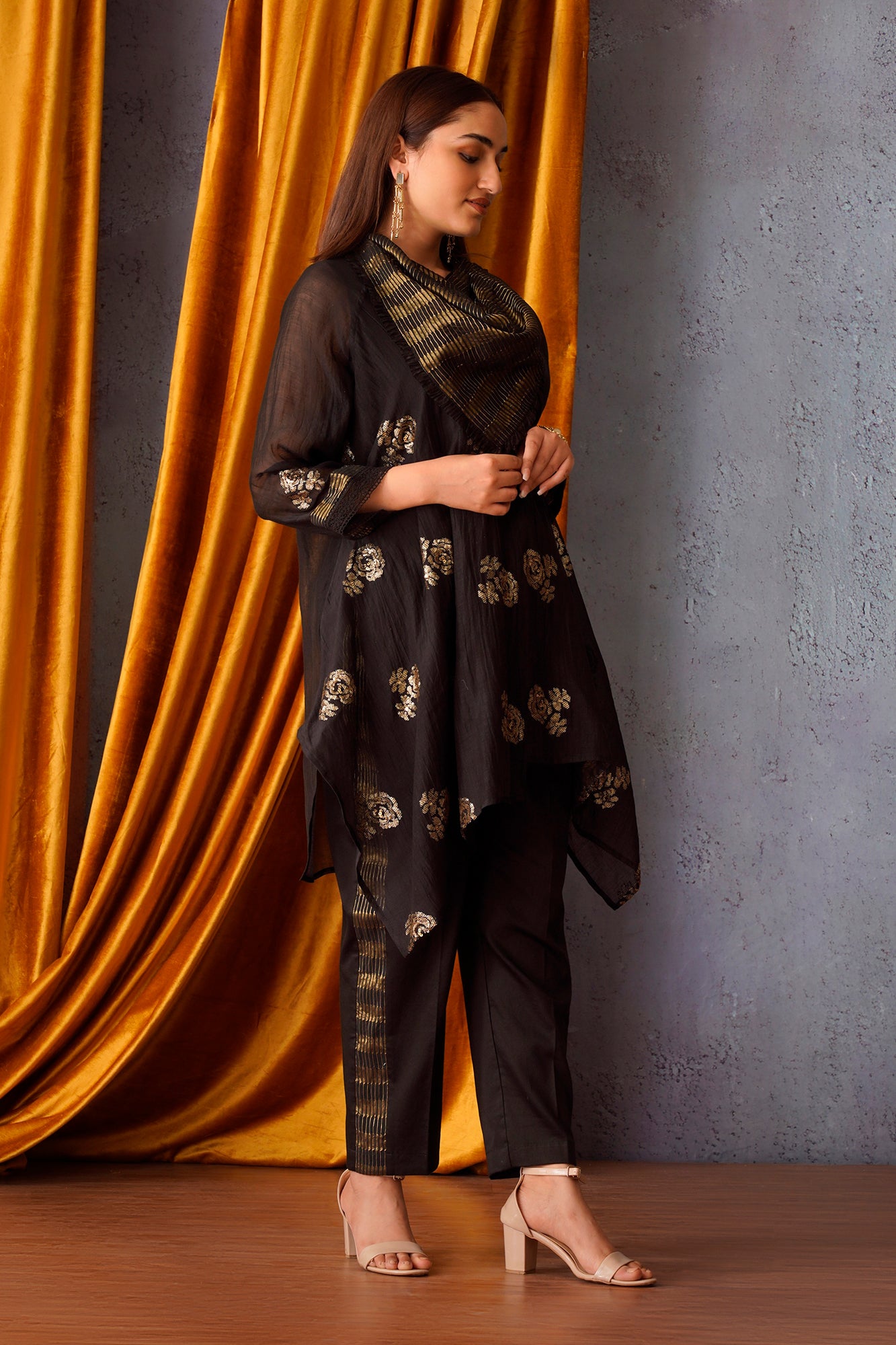 Black sequin embroidered asymmetric tunic with cowl neck