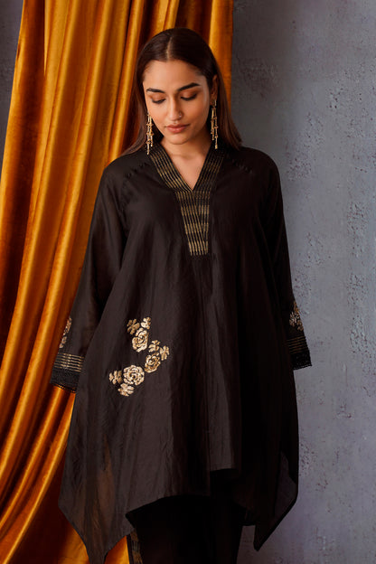 Sequin flower patch embroidered asymmetric tunic with V neck in Black and side stripe pants