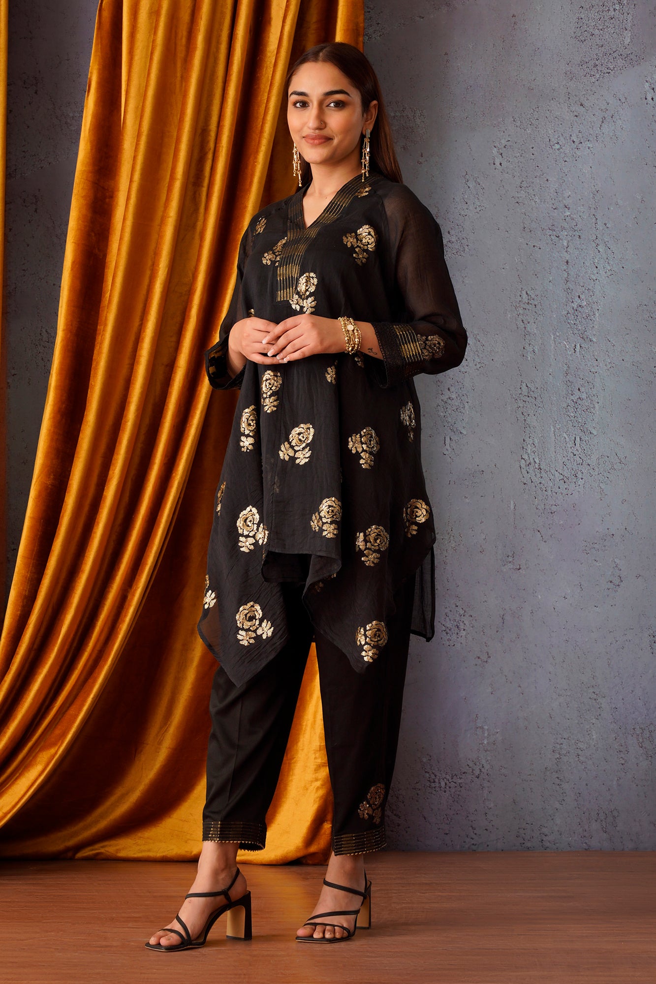 Sequin embroidered asymmetric tunic set with V-neck in Black and side stripe pants