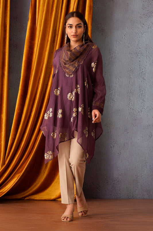 Wine sequin embroidered asymmetric tunic with cowl neck