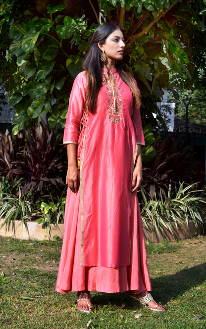 Aakash Peach Neck Embroidered Layered Kurta