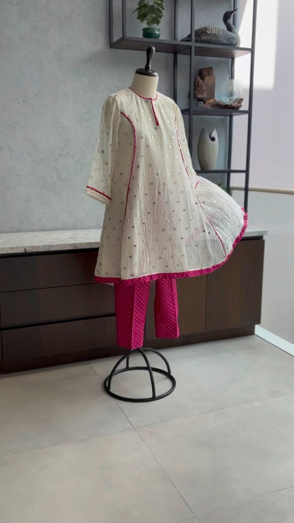 Off White Mirror-Embroidered High-Low Kurta with Magenta Brocade Pants