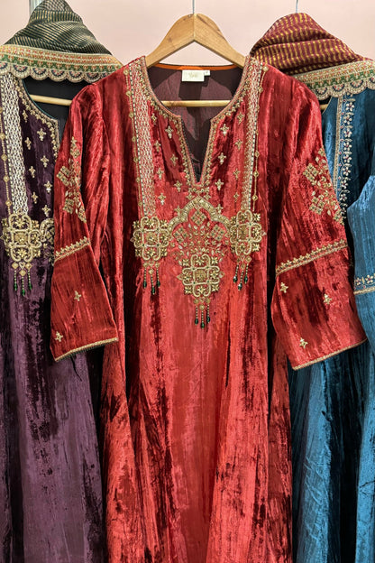 Rust Velvet Kurta Set with Hand-Embroidered Yoke & Beaded Tassels