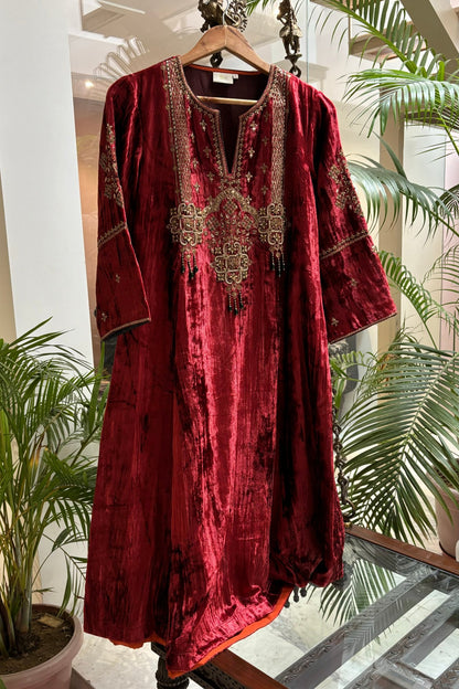 Rust Velvet Kurta Set with Hand-Embroidered Yoke & Beaded Tassels