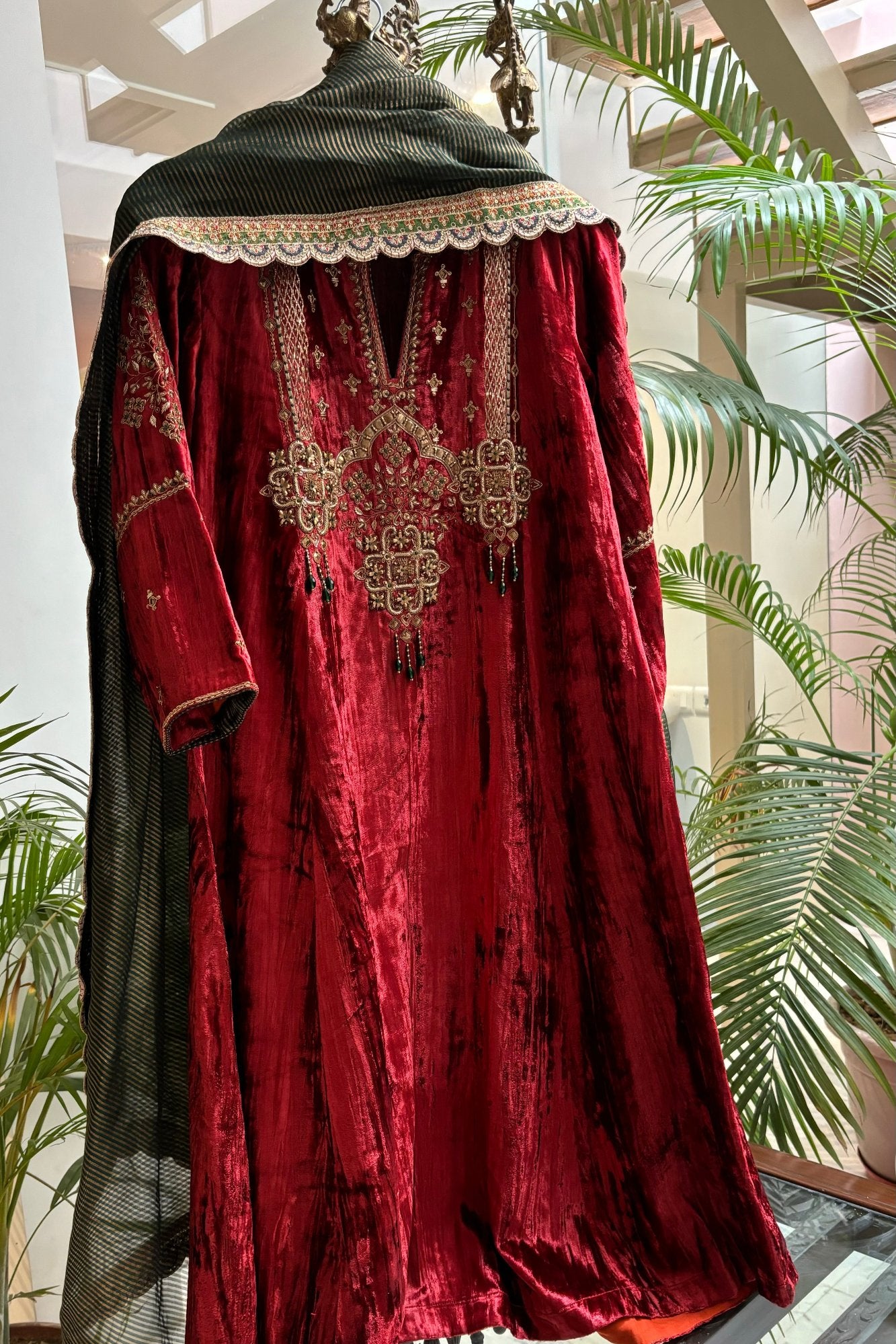 Rust Velvet Kurta Set with Hand-Embroidered Yoke & Beaded Tassels