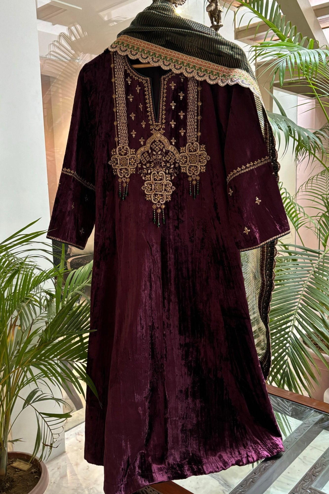 Wine Velvet Kurta Set with Hand-Embroidered Yoke & Beaded Tassels