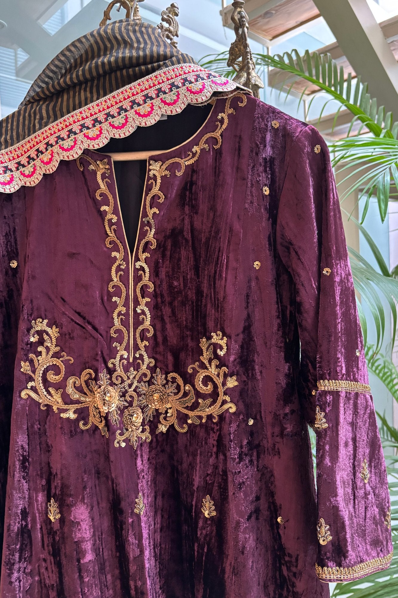 Wine Velvet Hand Embroidered Jhumar Kurta Set