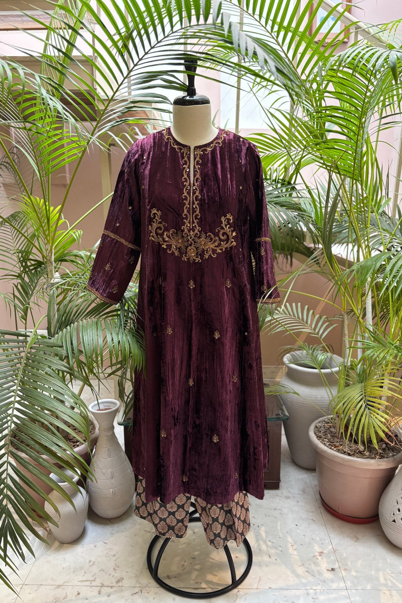 Wine Velvet Hand Embroidered Jhumar Kurta Set