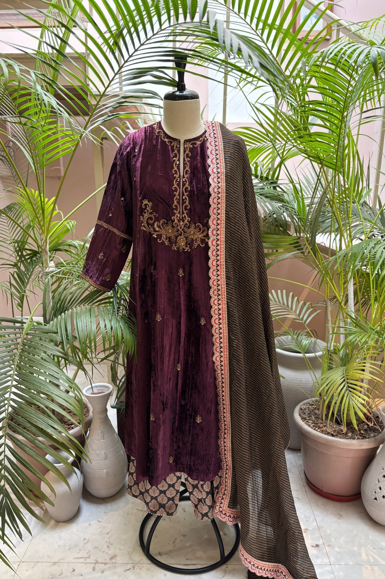 Wine Velvet Hand Embroidered Jhumar Kurta Set