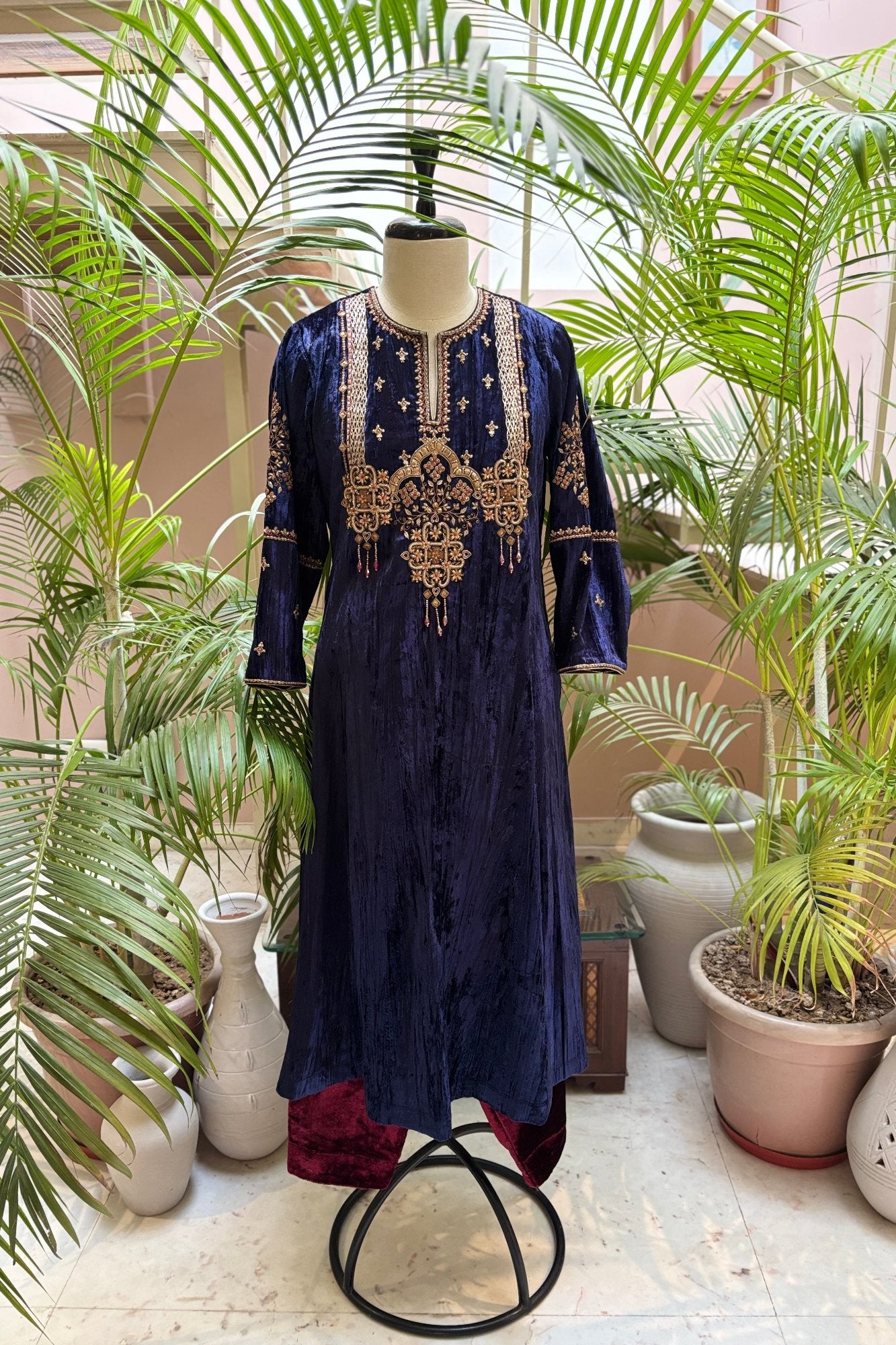 Royal Blue Velvet Kurta Set with Hand-Embroidered Yoke & Beaded Tassels