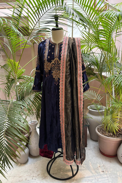 Royal Blue Velvet Kurta Set with Hand-Embroidered Yoke & Beaded Tassels