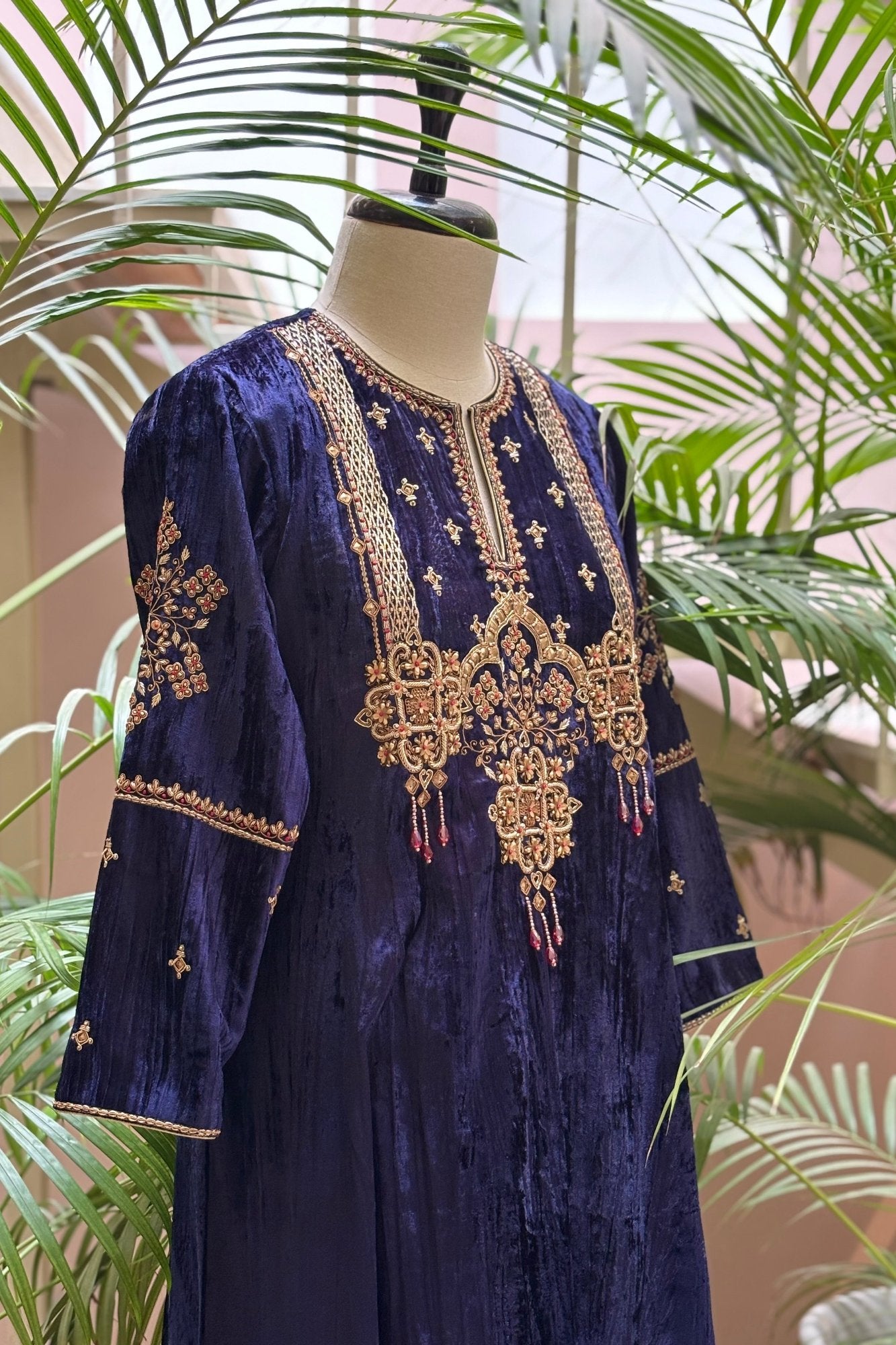 Royal Blue Velvet Kurta Set with Hand-Embroidered Yoke & Beaded Tassels