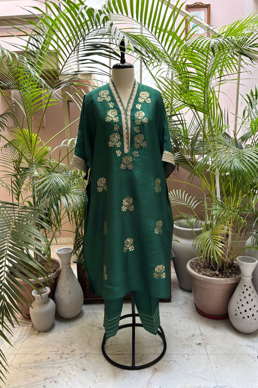 Emerald Green Silk Kaftan Set with Sequin Embroidery