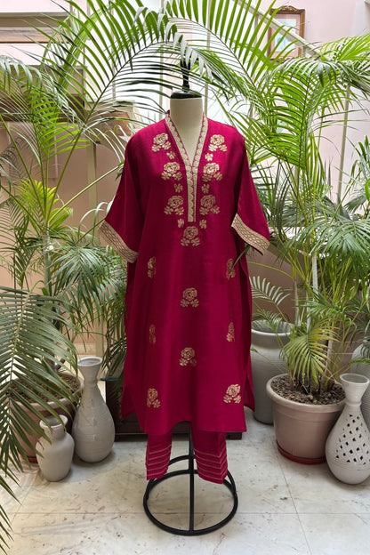 Deep Magenta Silk Kaftan Set with Sequin Embroidery