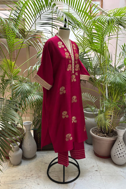 Deep Magenta Silk Kaftan Set with Sequin Embroidery