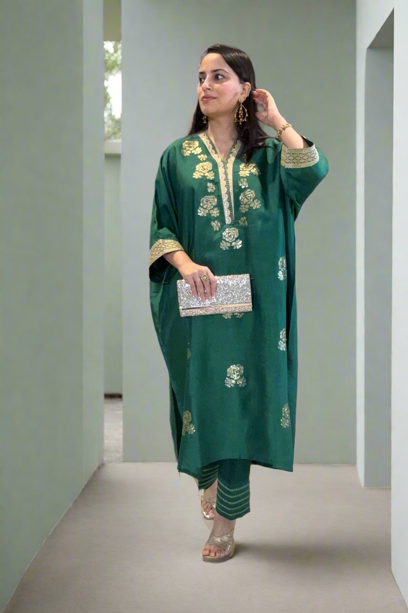 Emerald Green Silk Kaftan Set with Sequin Embroidery