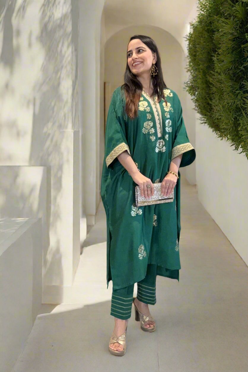 Emerald Green Silk Kaftan Set with Sequin Embroidery