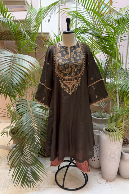 Navy with Red Stripes Kalidar Kurta With Embroidered Velvet Yoke And Sleeves