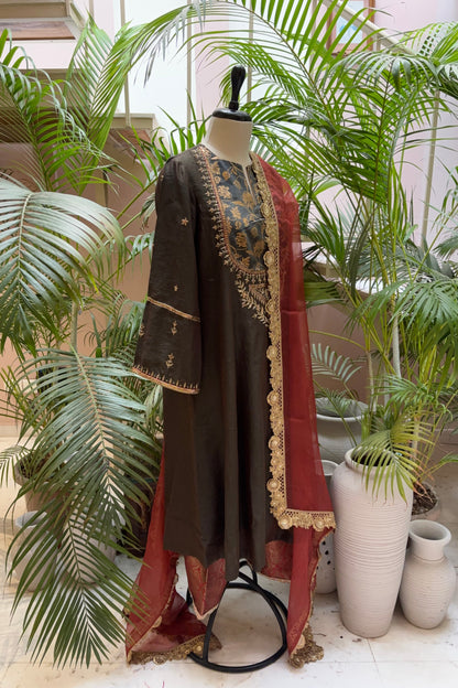 Navy with Red Stripes Kalidar Kurta With Embroidered Velvet Yoke And Sleeves