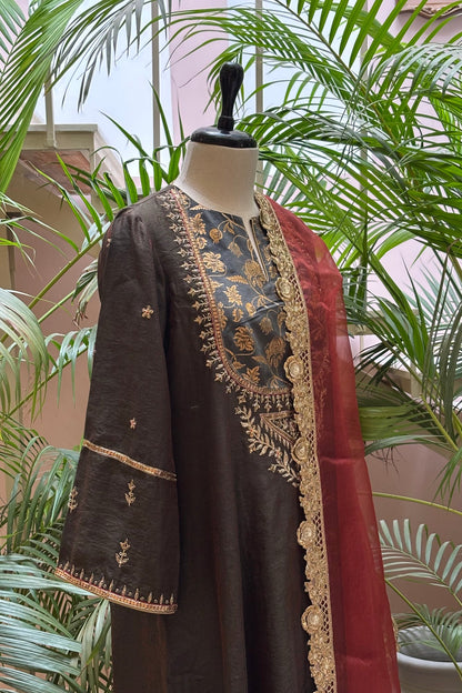 Navy with Red Stripes Kalidar Kurta With Embroidered Velvet Yoke And Sleeves