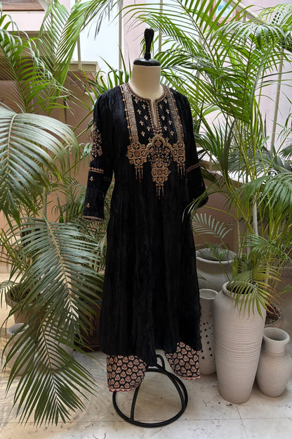 Black Velvet Kurta Set with Hand-Embroidered Yoke & Beaded Tassels