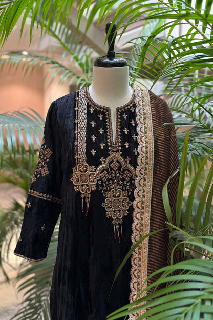 Black Velvet Kurta Set with Hand-Embroidered Yoke & Beaded Tassels