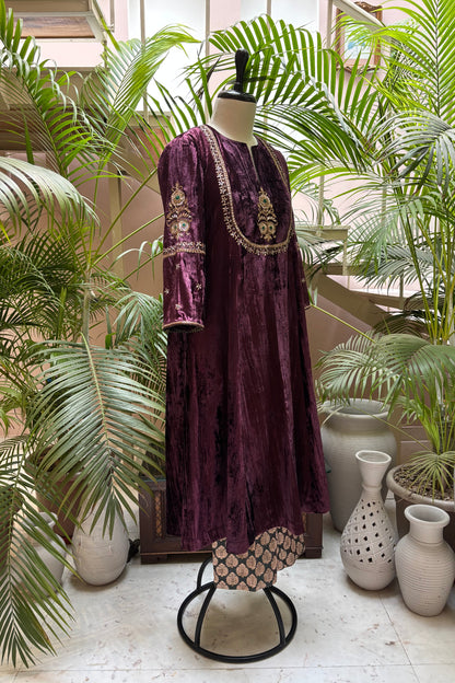 Purple/Wine Velvet Hand Embroidered Noor Kurta Set