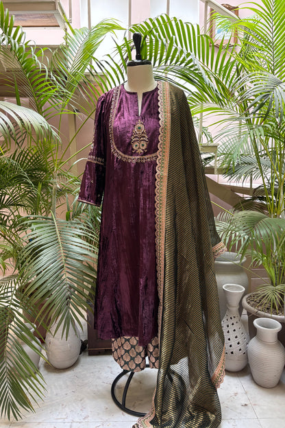 Purple/Wine Velvet Hand Embroidered Noor Kurta Set