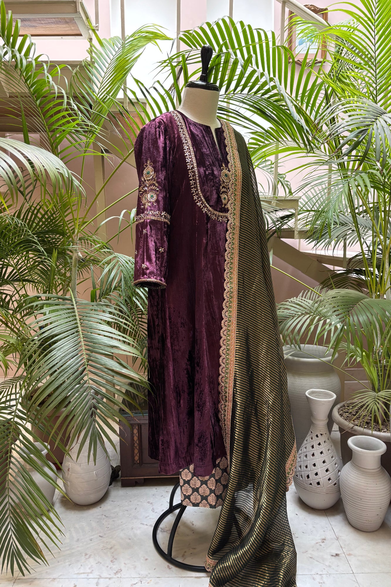 Purple/Wine Velvet Hand Embroidered Noor Kurta Set